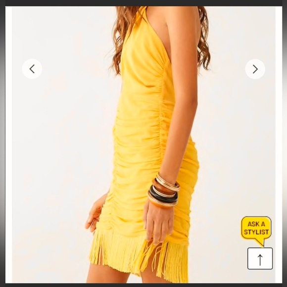 Forever 21 BELEARIC BEACH L Halter Ruched Fringe Trim Yellow Minidress Large - Picture 5 of 14
